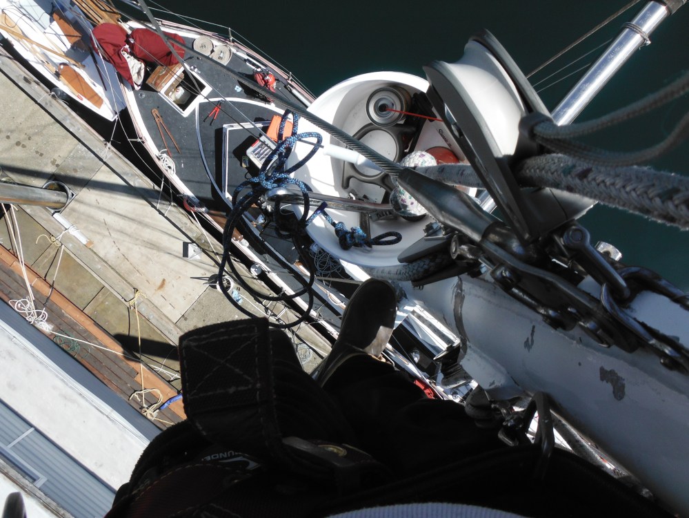 A tool drop from above could be bad.  So anyone on the deck wears a hard hat.