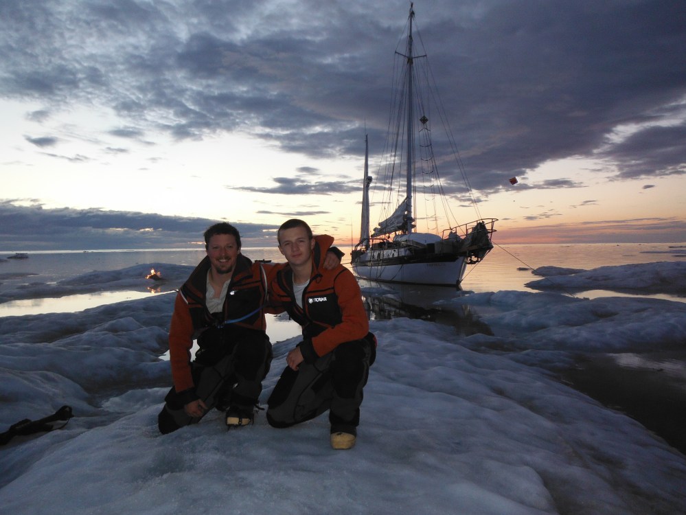 Jesse with his older son Isaac.  On an offshore ice flow in the Arctic. 2013 