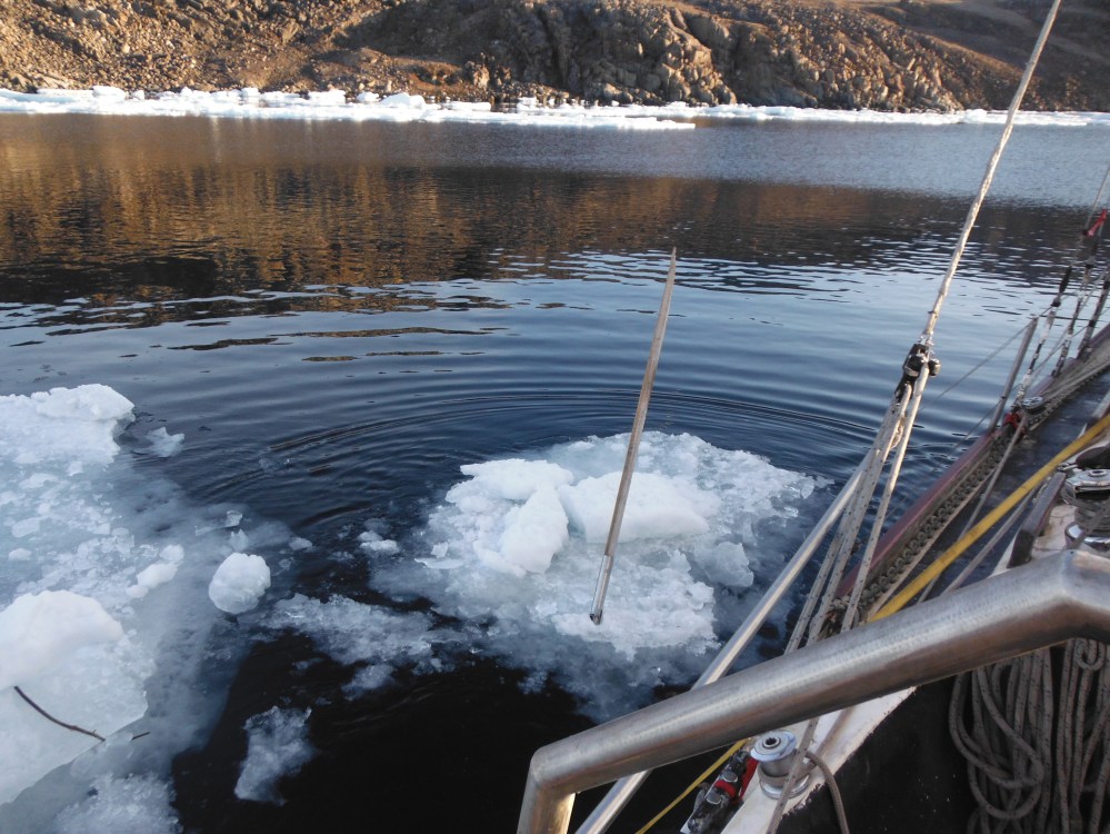 Samantha broke one of our ice poles, fending a chunk off.