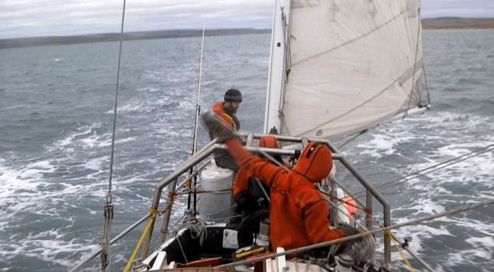 Crew at work in the gear. as we sailed East, into the Northwest Passage